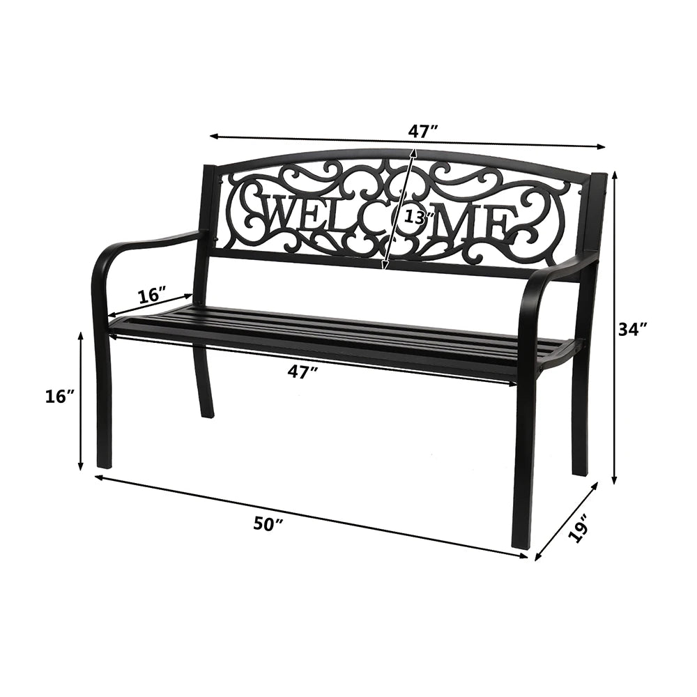 50&quot; Outdoor Welcome Backrest Cast Iron Bench Garden Park Courtyard Bench[US-Stock]