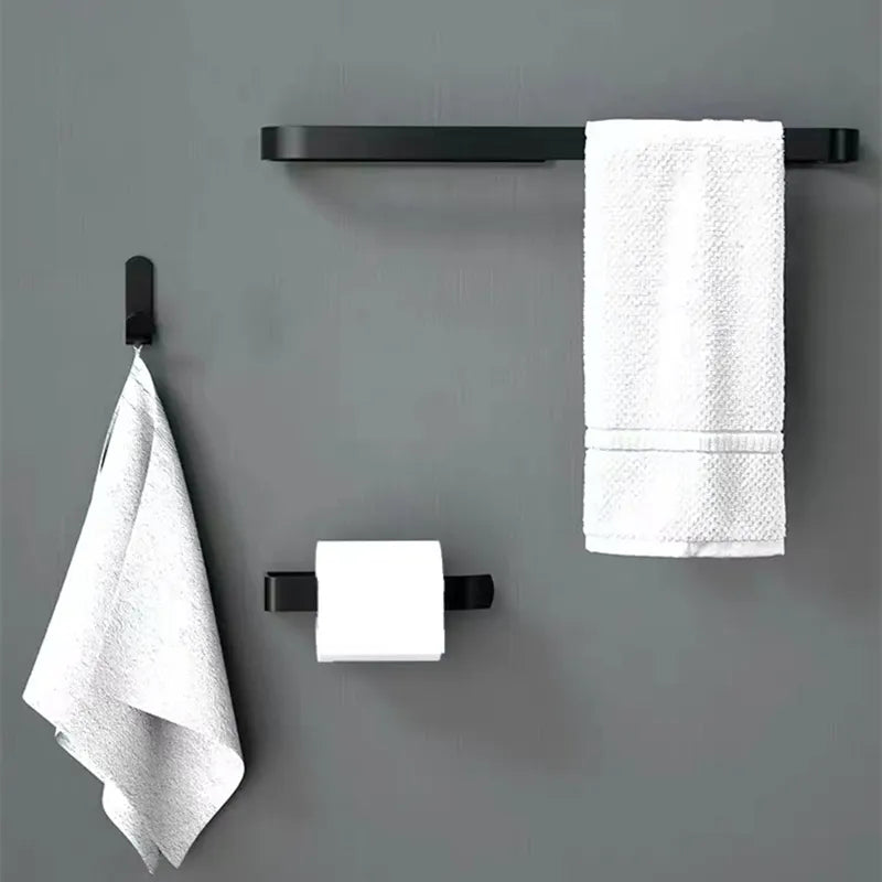 Bathroom Hardware Kit Black Aluminum Toilet Paper Holder Nail-Free Glue Kitchen Accessories Towel Rack Single Hook Tissue Rack