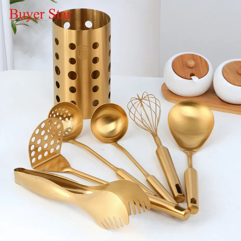 1pcs/7pcs Gold Cooking Tools Cookware Set Chopsticks tube Soup Ladle Colander Set Egg stirring beater Food tong kitchen Utensils