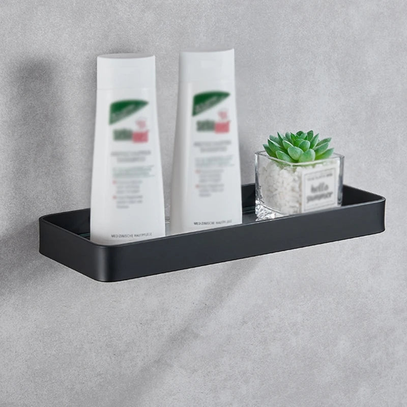 Bathroom Shelving Solution Rectangular Tempered Glass Bathroom Shelf Wall Mounted with Aluminum Frame Shower Storage