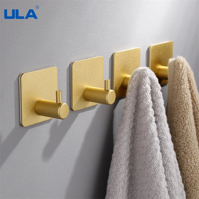 ULA Golden Wall Hooks Adhesive Home Kitchen Wall Door Hook Key Rack Kitchen Towel Hanger Aluminum Hanger Towel Robe Rack