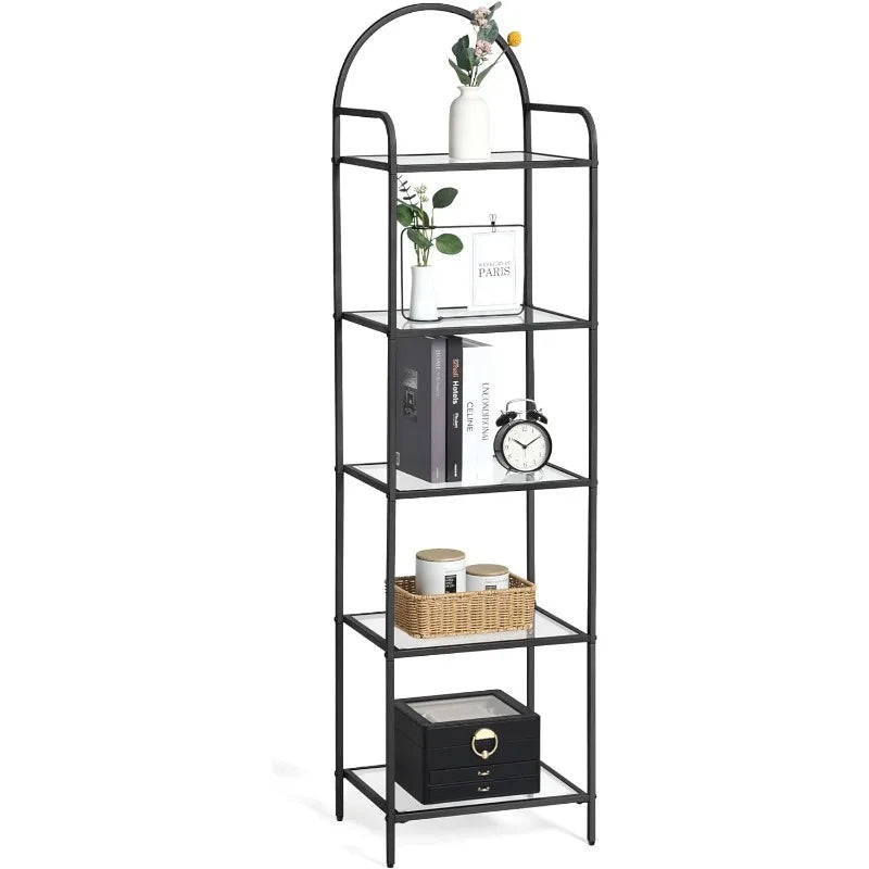 Hzuaneri 5 Tier Bookcase Bookshelf Tempered Glass Bookshelves Slim Shelving Unit for Bedroom Bathroom Home Office Steel Frame