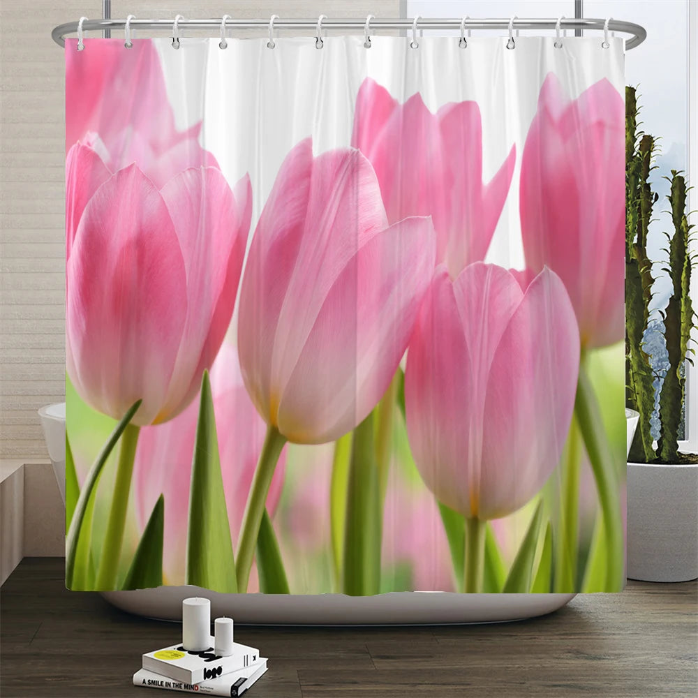 Tulip Shower Curtain Red Rose Bathroom Curtain Waterproof Polyester Fabric Bathroom Decoration Curtain Hooks