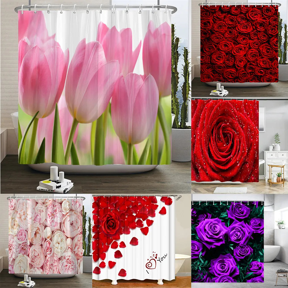 Tulip Shower Curtain Red Rose Bathroom Curtain Waterproof Polyester Fabric Bathroom Decoration Curtain Hooks