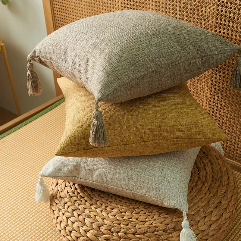 Solid Plain Linen Cotton Pillow Cover With Tassels Yellow Beige Home Decor Cushion Cover 45x45cm Pillow Case Sofa Throw Pillow