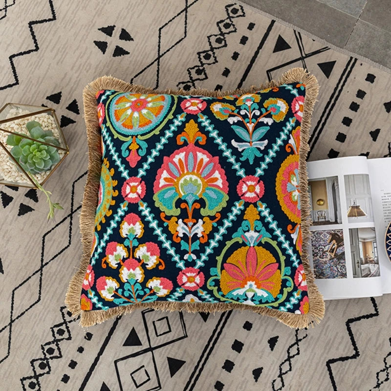 Vintage Bohemian Style Pillow Case Tufted Lumbar Pillow Cover Embroidered Geometric Floral Pompom Tassels Throw Cushion Cover