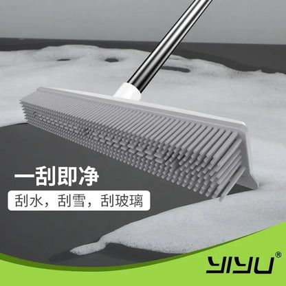 Rubber Broom Carpet Rake with Squeegee Long Handle for Pet Hair Fur Remover Broom for Fluff Carpet Hardwood Floor No Scratch