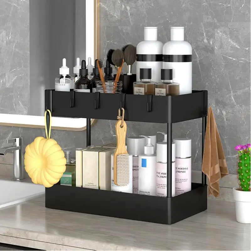 Under Sink Storage 2-Tier Storage Rack Bathroom Kitchen Sink Storage Organizer With Hook &amp; Hang Cup Under Sink Storage Solution