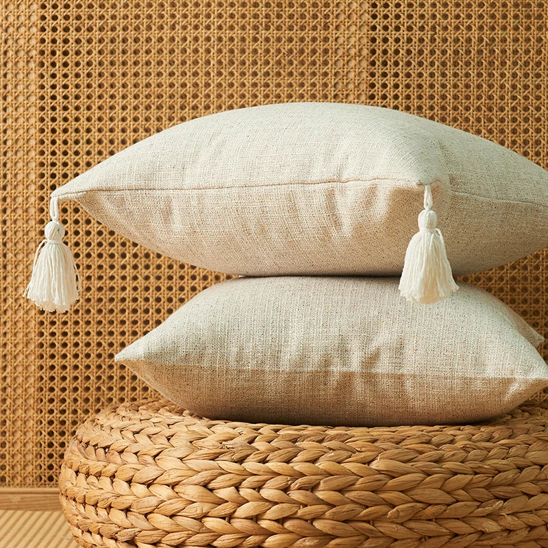 Solid Plain Linen Cotton Pillow Cover With Tassels Yellow Beige Home Decor Cushion Cover 45x45cm Pillow Case Sofa Throw Pillow