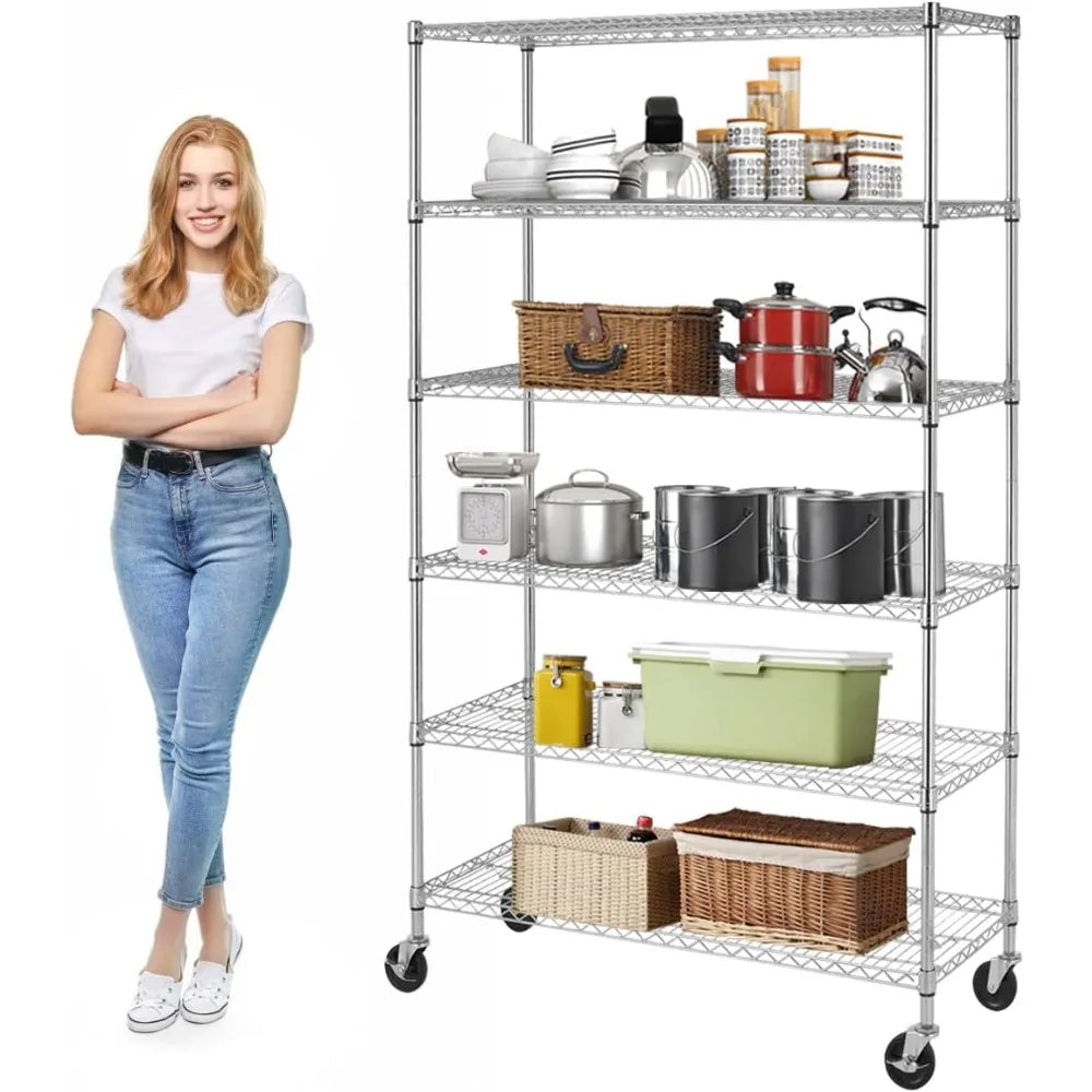 6-Tier Wire Shelving Unit 6000lb Capacity NSF Heavy Duty Steel Height Adjustable Storage Shelves with Wheels