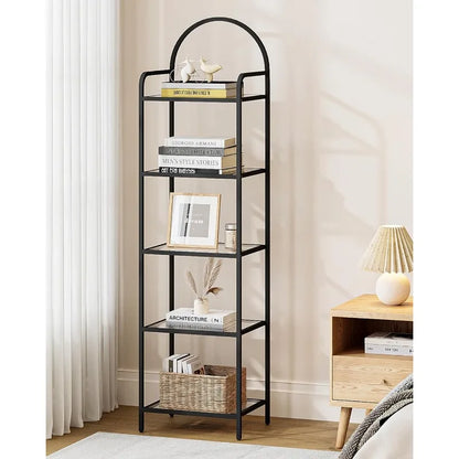 Hzuaneri 5 Tier Bookcase Bookshelf Tempered Glass Bookshelves Slim Shelving Unit for Bedroom Bathroom Home Office Steel Frame