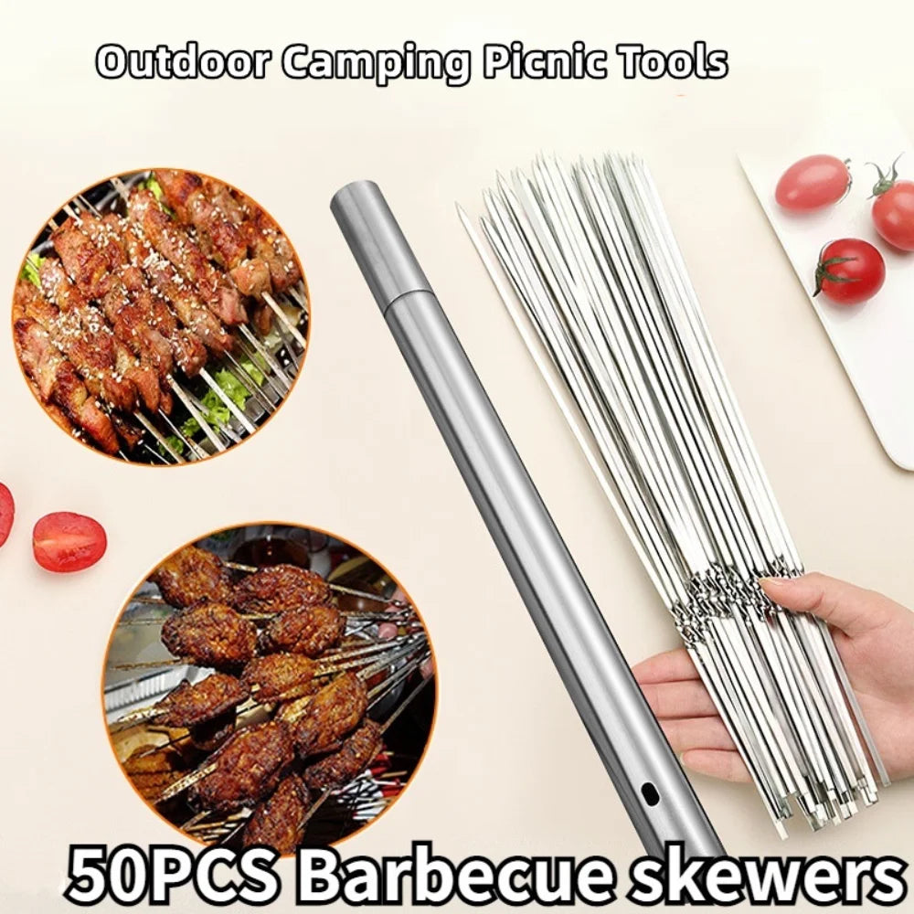 New Stainless Steel Barbecue Skewer with Storage Tube Reusable Flat Grill Sticks Kitchen Outdoor Camping Gadgets BBQ Accessories