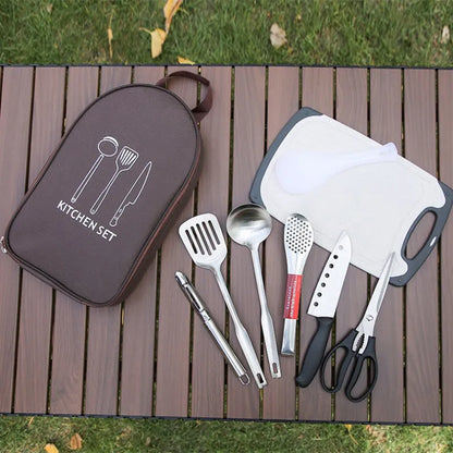 8pcs Camping Kitchen Utensil Set with Carrying Bag BBQ Beach Hiking Travel Organizer Storage Pack Cook Gadgets Equipment Gear