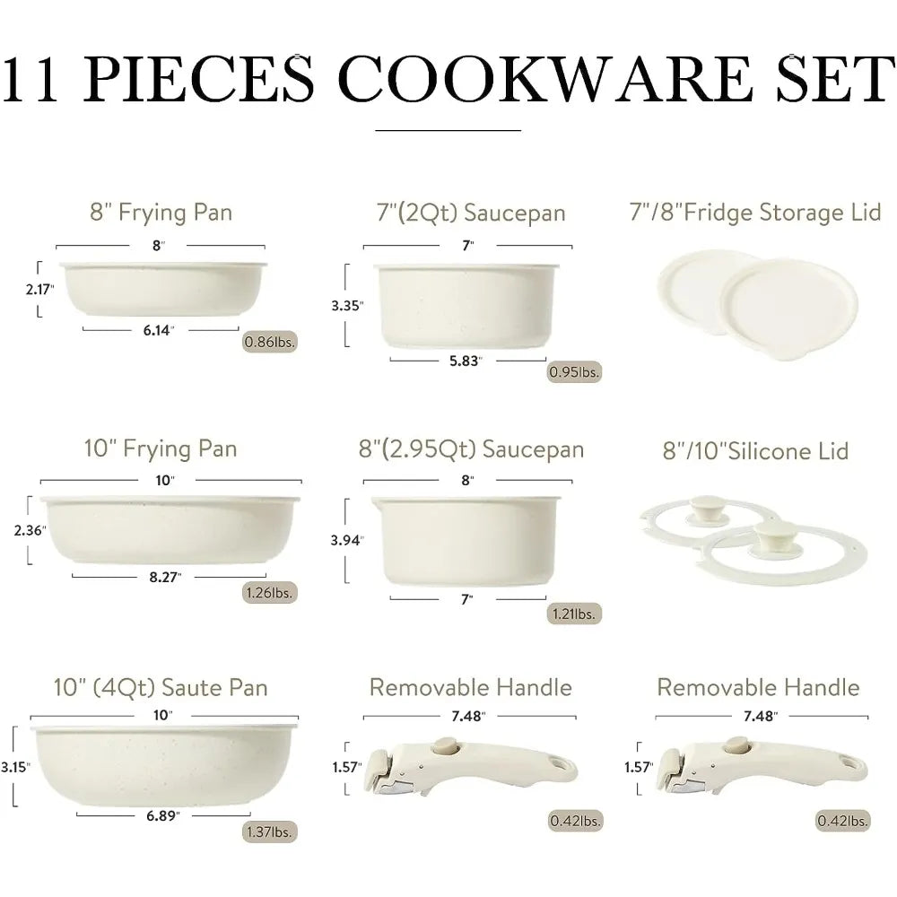 11pcs Pots and Pans Set, Induction Kitchen Cookware Sets Non Stick with Removable,Detachable Handle, RV Cookware Set, Oven Safe