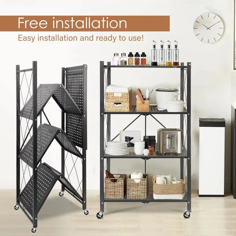 Vebreda 4-Tier Storage Shelf Foldable Metal Shelving Units with Wheels, Black