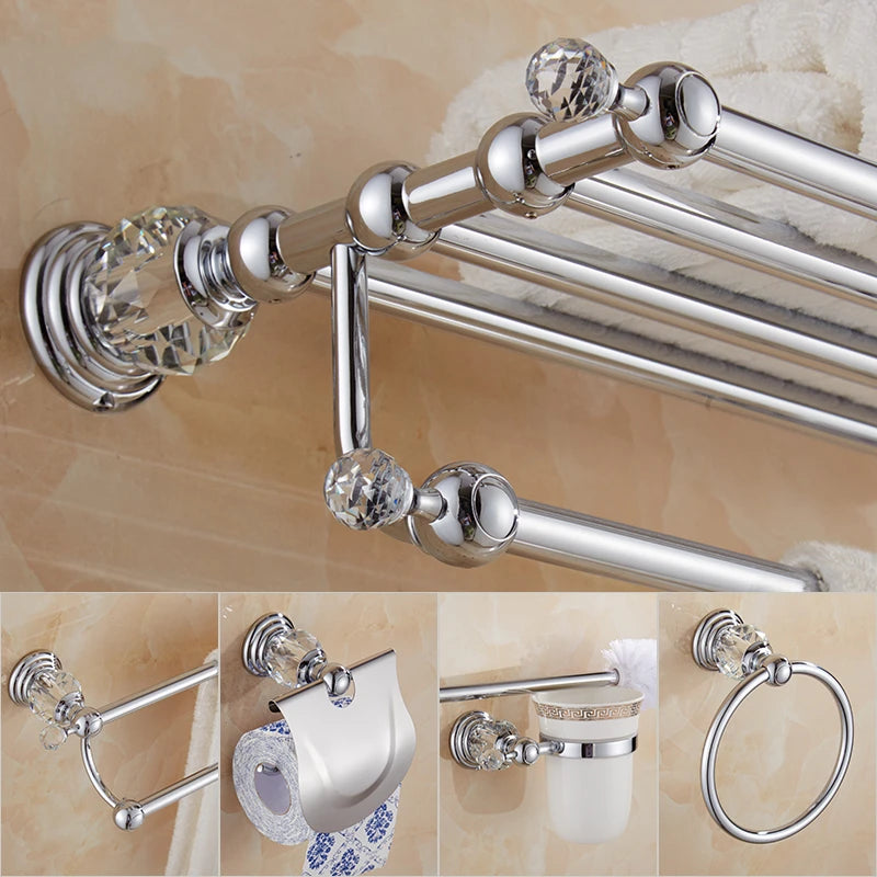 Toilet Paper Holder Silver Crystal Wall Mounted Coat Hook Towel rack Brass Shower Shelf Bathroom Accessories set