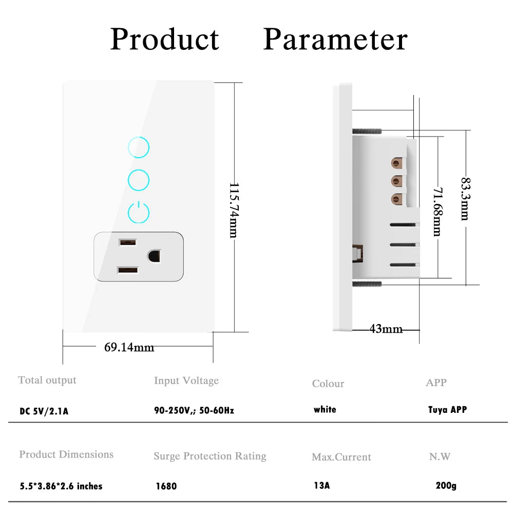 Wifi Smart Tuya Light Switch Intelligent Wall Socket American Mexico US Plug Outlet Glass Panel Control by Alexa Google Home