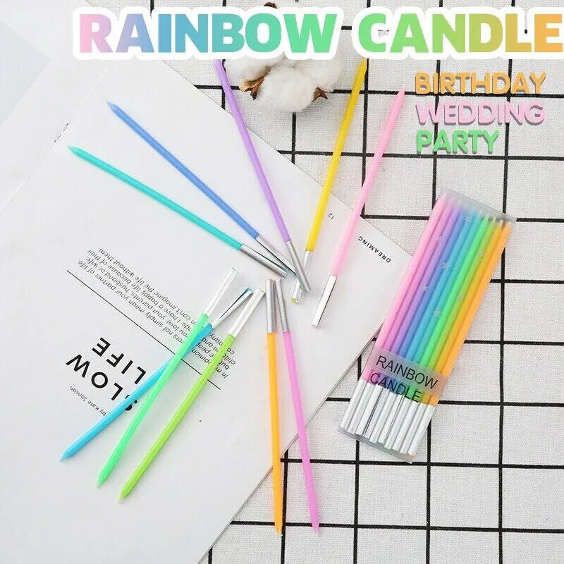 1Set Long Rainbow Cake Candles Birthday Candles Long Thin Candles In Holders for Birthday Wedding Party Cake Decorations