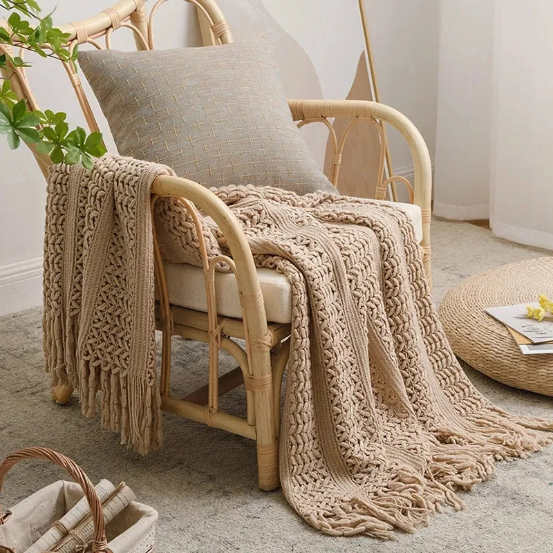 Nordic Crocheted Blanket Travel Blankets Khaki Sofa Bed Throw Blanket Tassels Air Conditioner Blankets Hollow Plaid Drop ship