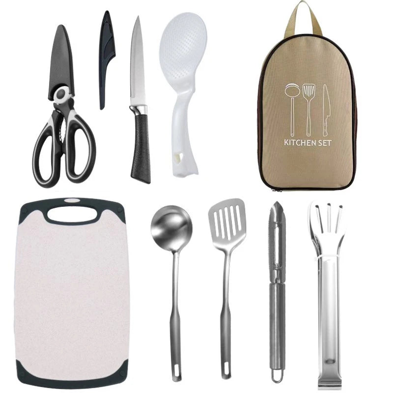 8pcs Camping Kitchen Utensil Set with Carrying Bag BBQ Beach Hiking Travel Organizer Storage Pack Cook Gadgets Equipment Gear