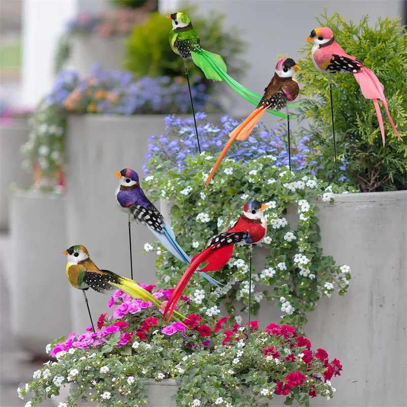 6Pcs Artificial Foam Birds Stakes Outdoor Yard &amp; Garden Decor Colorful 3d Fake Simulated Bird Decoration for Home Flower Pot Bed