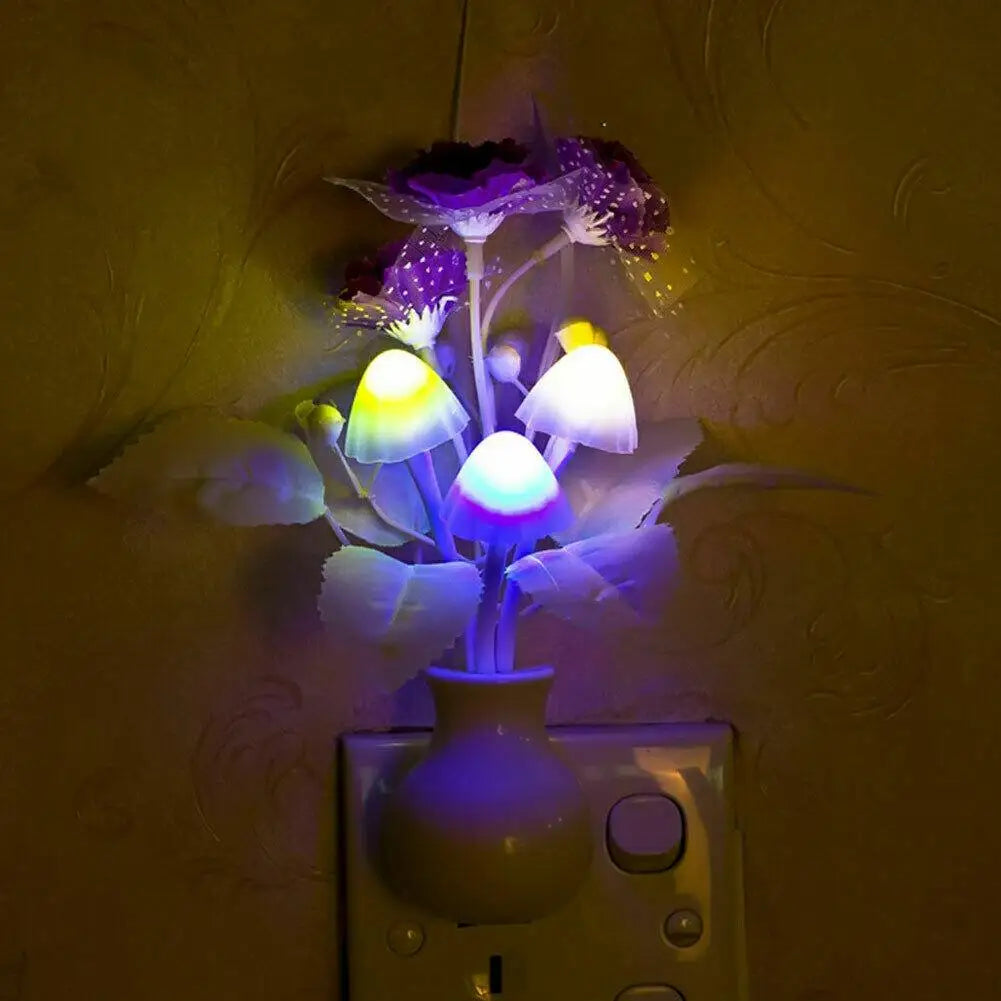 Plug-in Flower LED Night Light Smart Sensor Colorful Mushroom Lilac Night Light Bedroom Home Decor Light Wall Lamps US/EU Plug