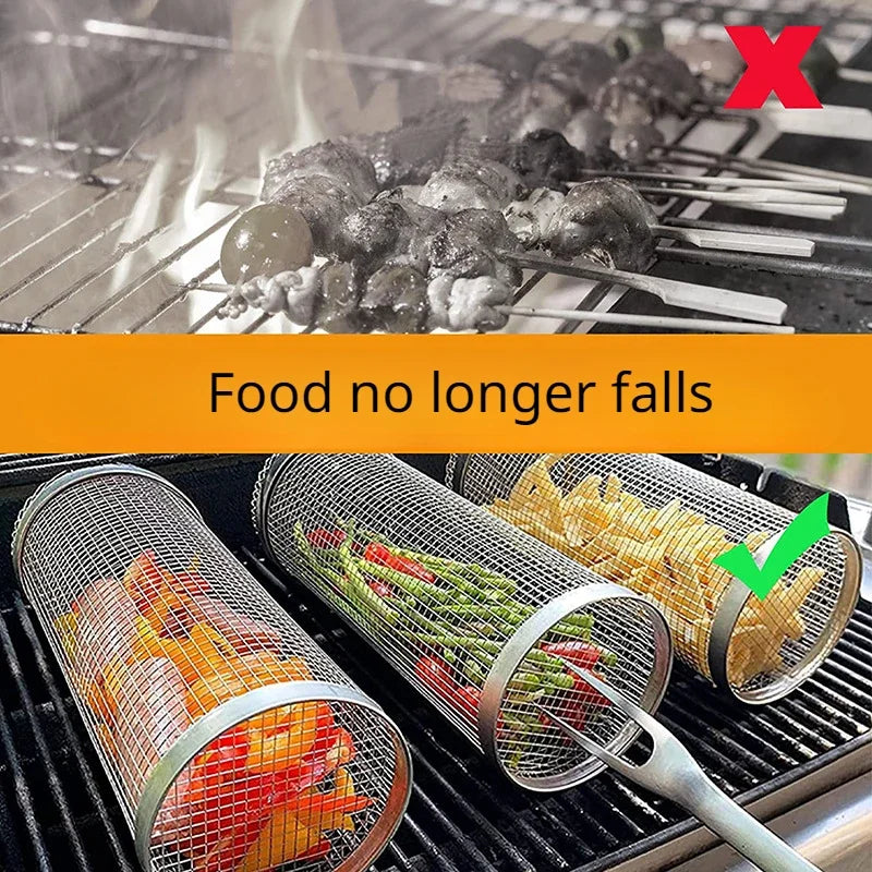 Stainless Steel Grill Basket Portable Barbecue Cage Rolling Grilling Basket Useful BBQ Grill Basket Outdoor Grill Accessories