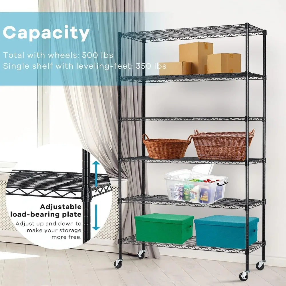 HCY Garage Shelving, 82x48x18 Metal Shelves 6 Tier Wire Shelving Unit Adjustable Heavy Duty Sturdy Steel Shelving with Casters