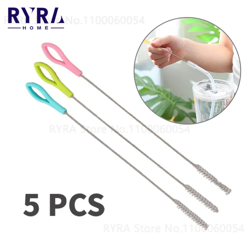 5PCS Nylon Bottle Cleaning Brush Baby Stainless Steel Long Handle Cleaning Brushes Soft Hair Straws Spiral Kitchen Cleaning Tool