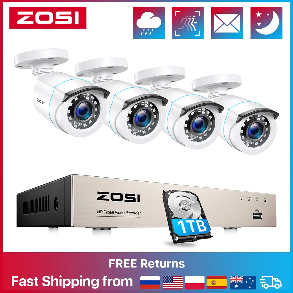 ZOSI 8CH CCTV System H.265+ 5MP Lite HD-TVI DVR kit 1080p 2MP Home Security Outdoor Night Vision Camera Video Surveillance Kit