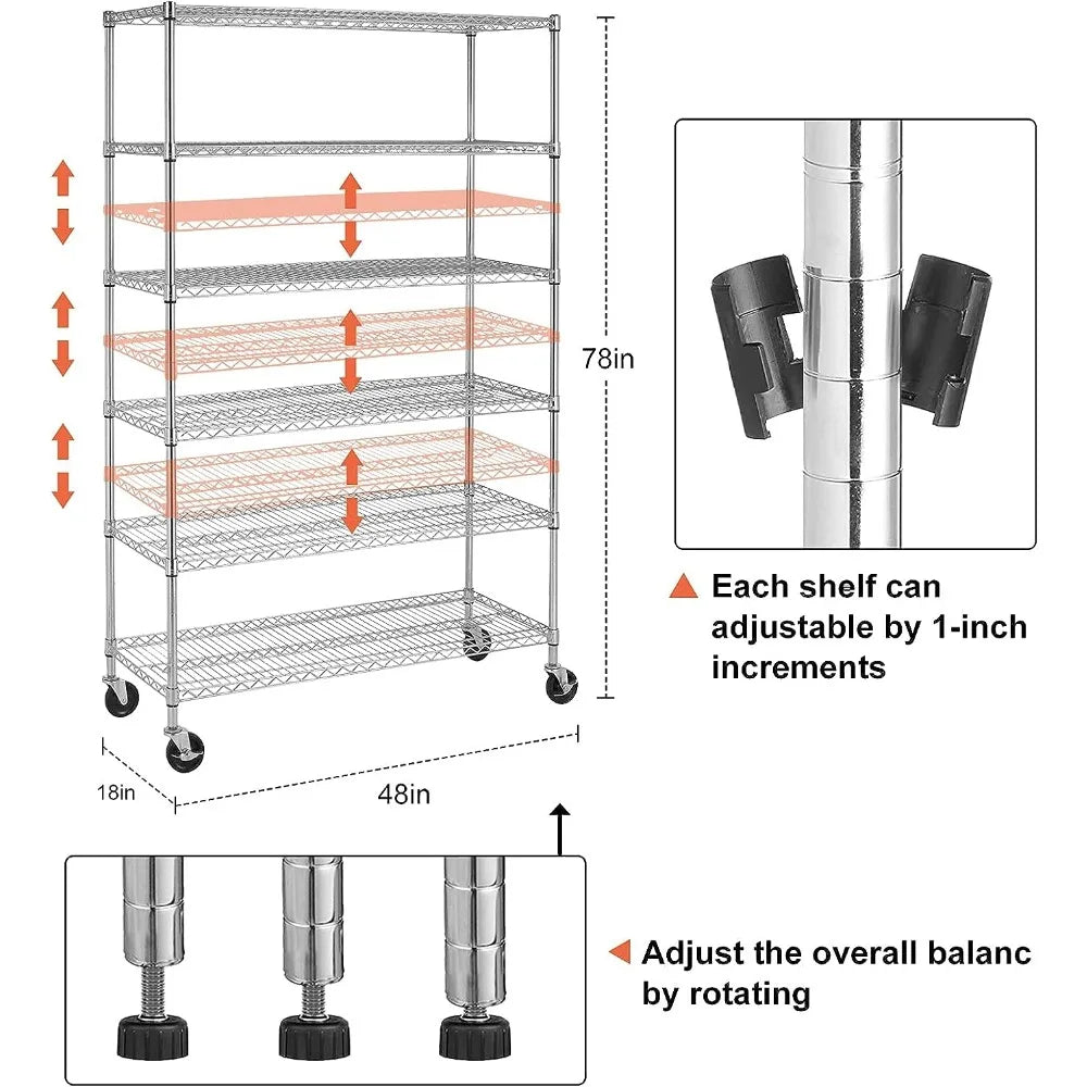 6-Tier Wire Shelving Unit 6000lb Capacity NSF Heavy Duty Steel Height Adjustable Storage Shelves with Wheels