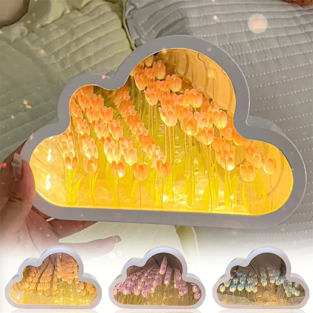 Diy Cloud Tulip Night Light Handmade Led Mirror Lamp Home Desktop Decoration 2 In1 Tulips Flowers Mirror For Children Girl Gifts