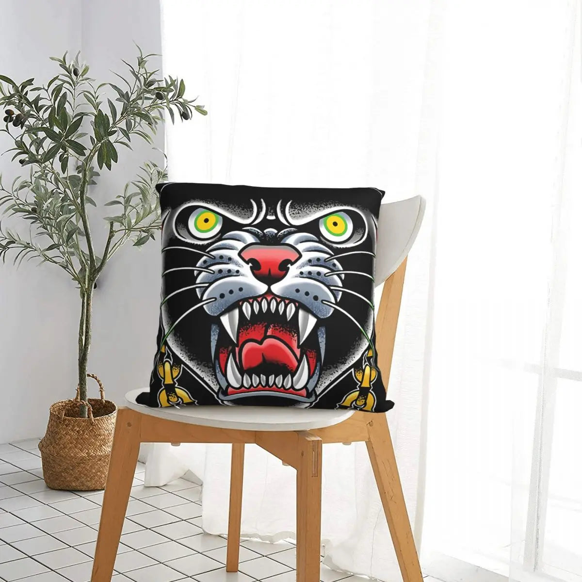 Traditional Tattoo Panther Head Illustration Throw Pillow Case Gothic Cushion For Home Sofa Chair Decorative Hug Pillowcase