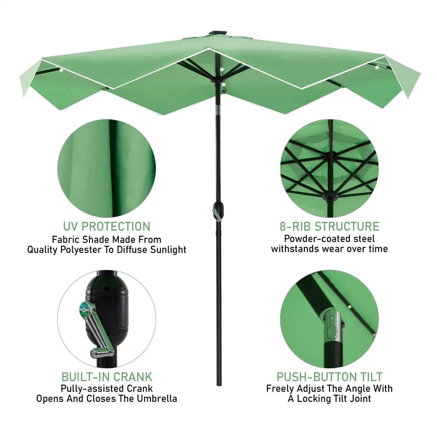 10FT Solar LED Outdoor Market Patio Umbrella with Easy Tilt Adjustment, Green