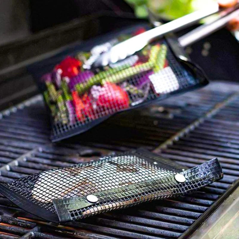 Bbq Grill Mesh Bag, Non-Stick Bbq Grill Bag Grill Reusable and Easy To Clean Non-Stick Grid Grill Bag with Brush