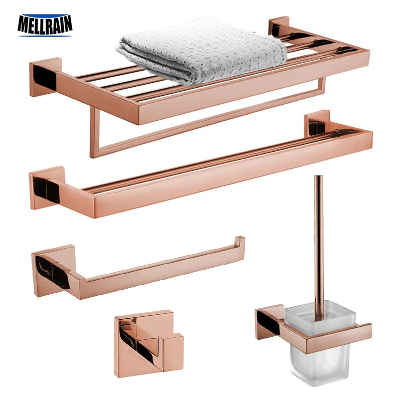 Shiny Polished Rose Gold Bathroom Hardware Accessories  Towel Rack Toilet Paper Holder Towel Rail Bar Bathroom Robe Hook