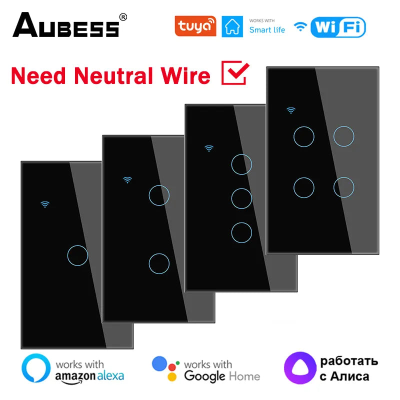 Aubess WiFi US Smart Switch Need Neutral Wire 1/2/3/4 Gang Light Switch Tuya Smart Life APP Control Support Alexa Google Home