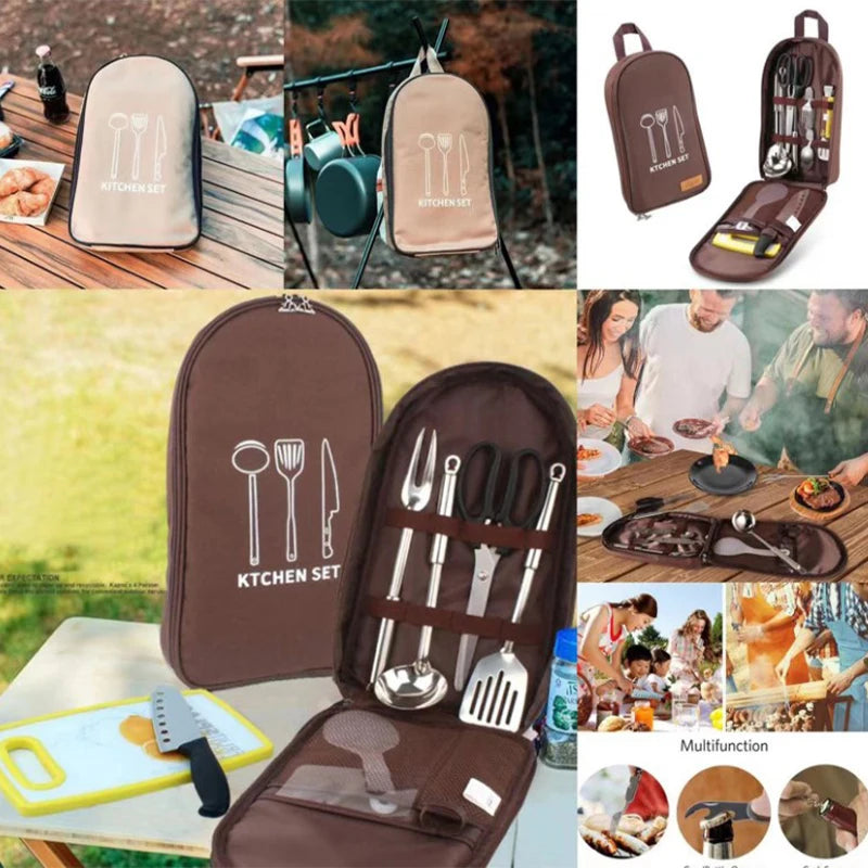 8pcs Camping Kitchen Utensil Set with Carrying Bag BBQ Beach Hiking Travel Organizer Storage Pack Cook Gadgets Equipment Gear