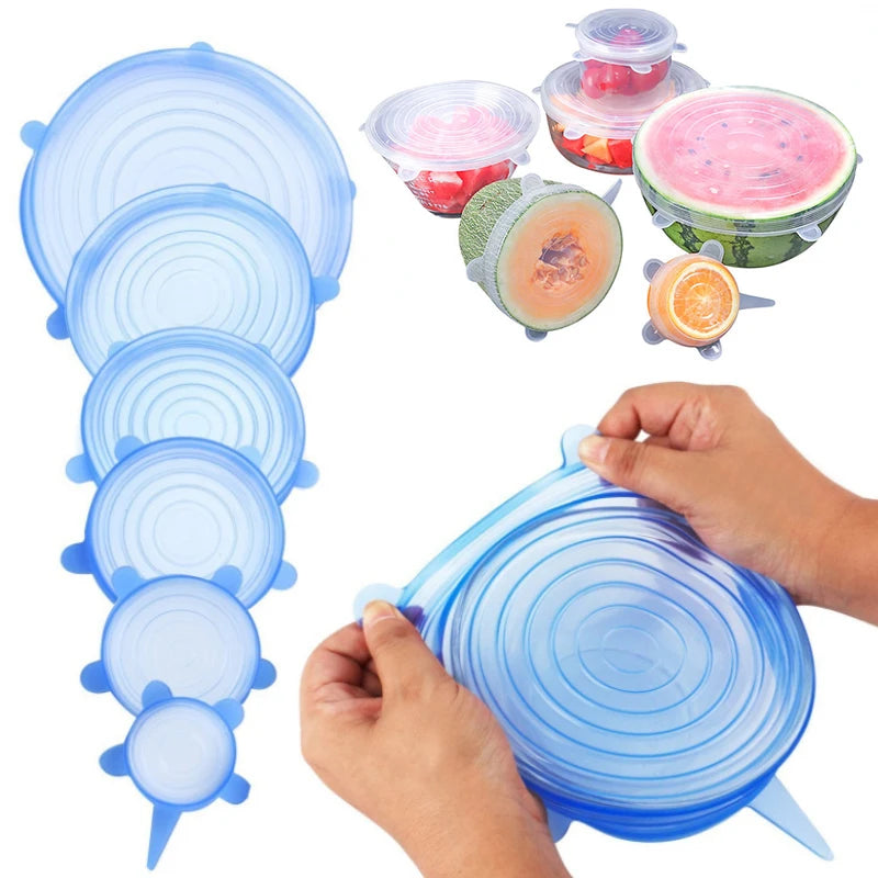 6Pcs Kitchen Storage Silicone Cover Reusable Fruit Vegetable Food Fresh-keeping Bowl Lid Cap Kitchen Organization Tool Accessory