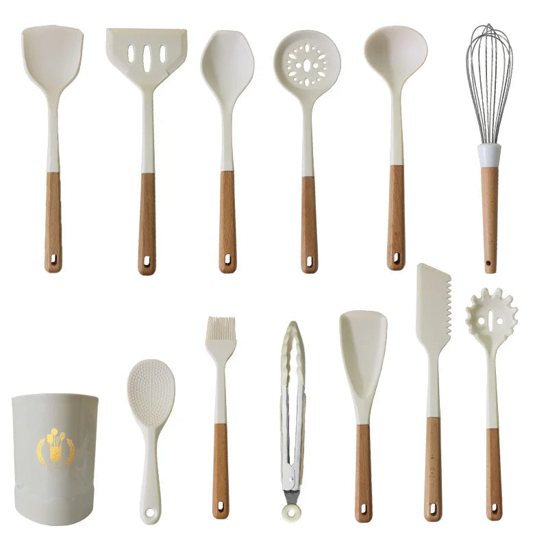 Non-stick Silicone Cooking Utensils Set  Kitchenware Wooden Handle Spatula Spoon Turner Soup Ladle Whisk Cookware  Kitchen Tools