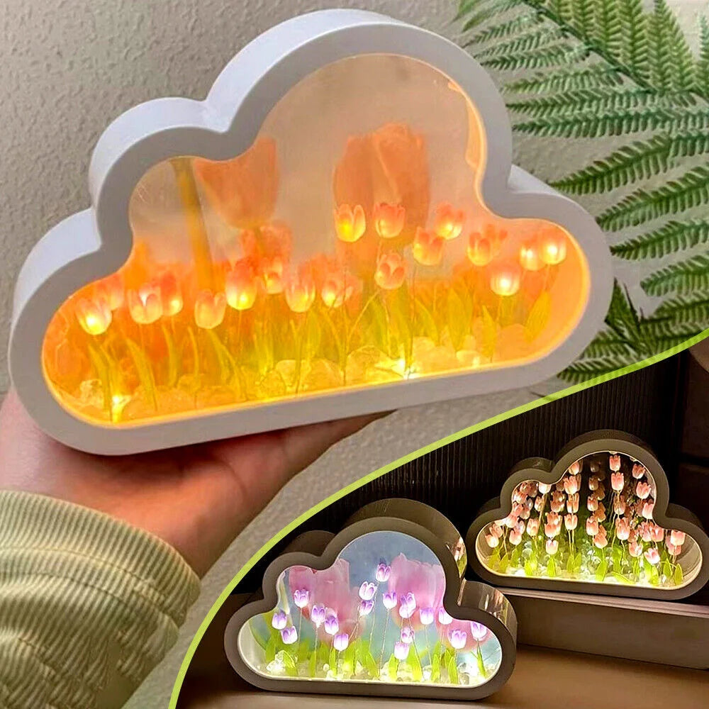 Diy Cloud Tulip Night Light Handmade Led Mirror Lamp Home Desktop Decoration 2 In1 Tulips Flowers Mirror For Children Girl Gifts