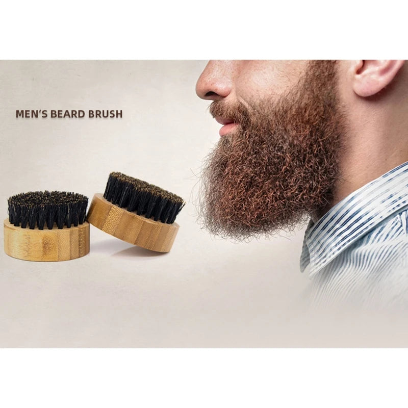 Q1QD Round Wood Handle Beard &amp; Mustache Brush Facial Hair Boar Bristle Beard Brush Massage Comb Men Beard Grooming Tool