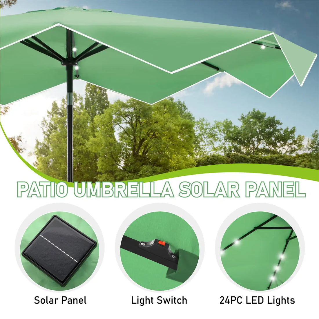 10FT Solar LED Outdoor Market Patio Umbrella with Easy Tilt Adjustment, Green