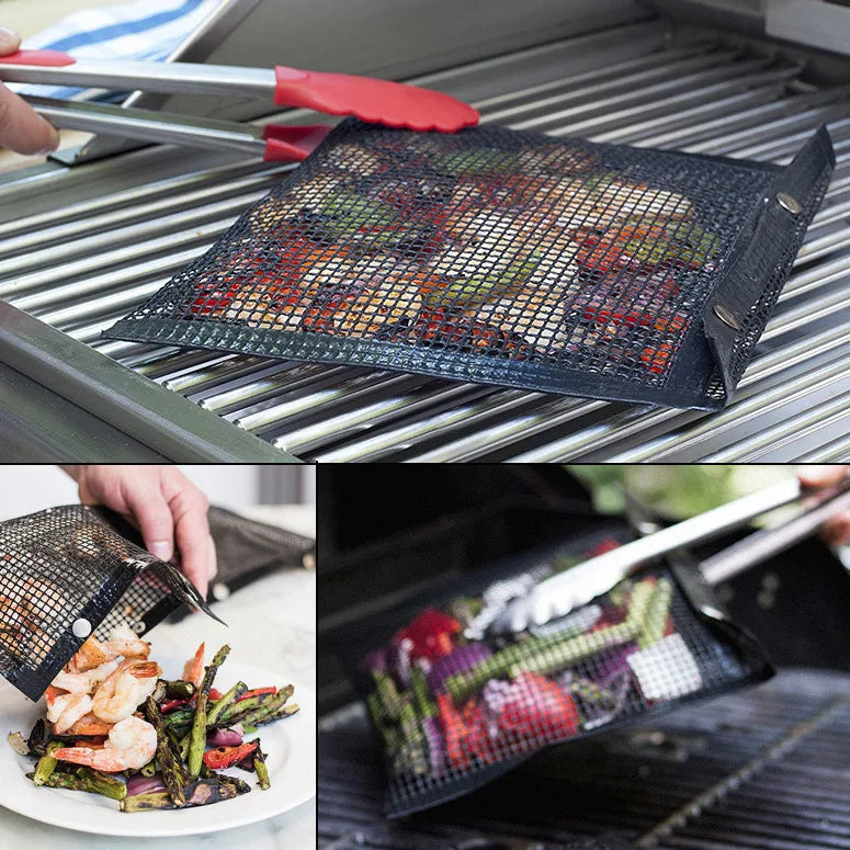 Bbq Grill Mesh Bag, Non-Stick Bbq Grill Bag Grill Reusable and Easy To Clean Non-Stick Grid Grill Bag with Brush