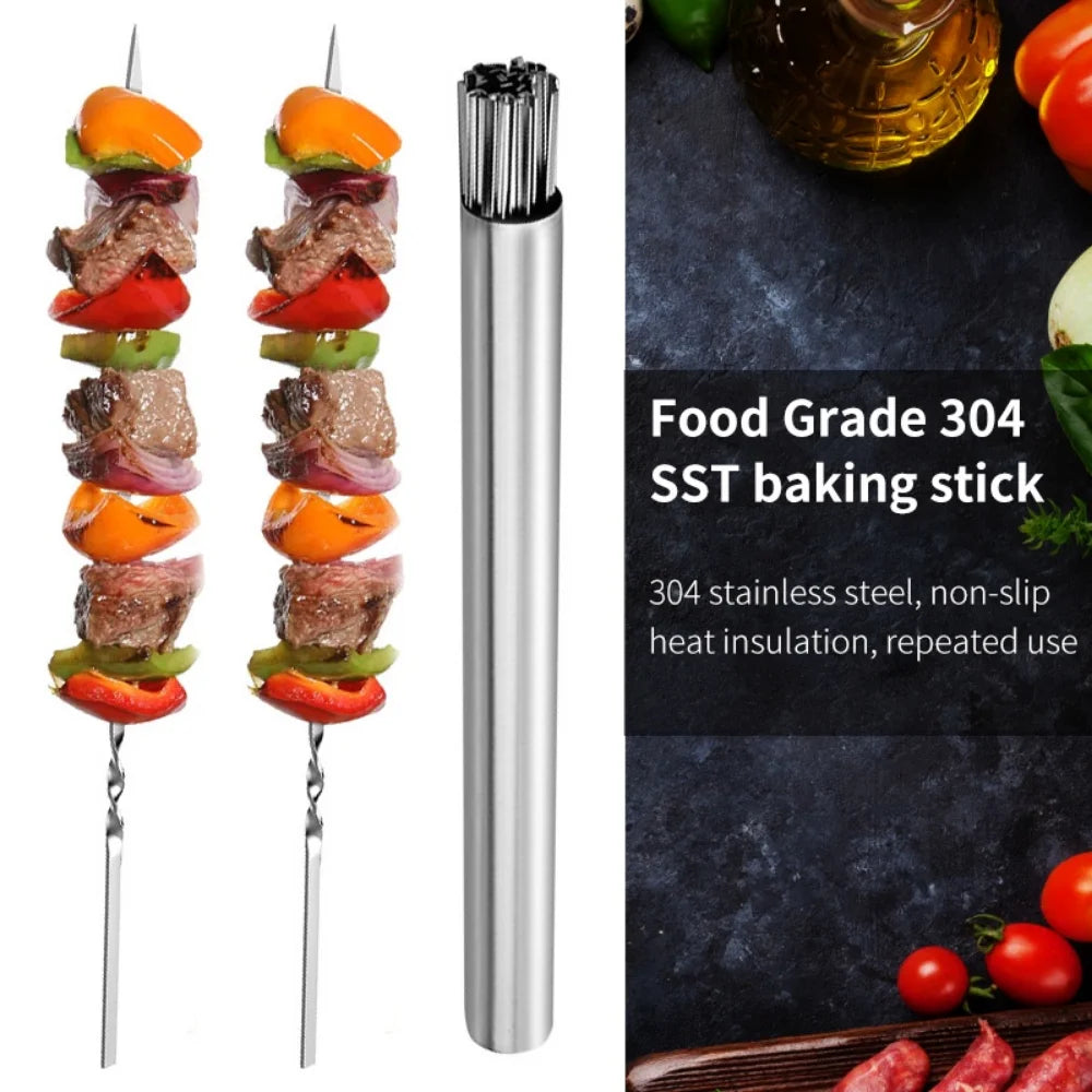 New Stainless Steel Barbecue Skewer with Storage Tube Reusable Flat Grill Sticks Kitchen Outdoor Camping Gadgets BBQ Accessories