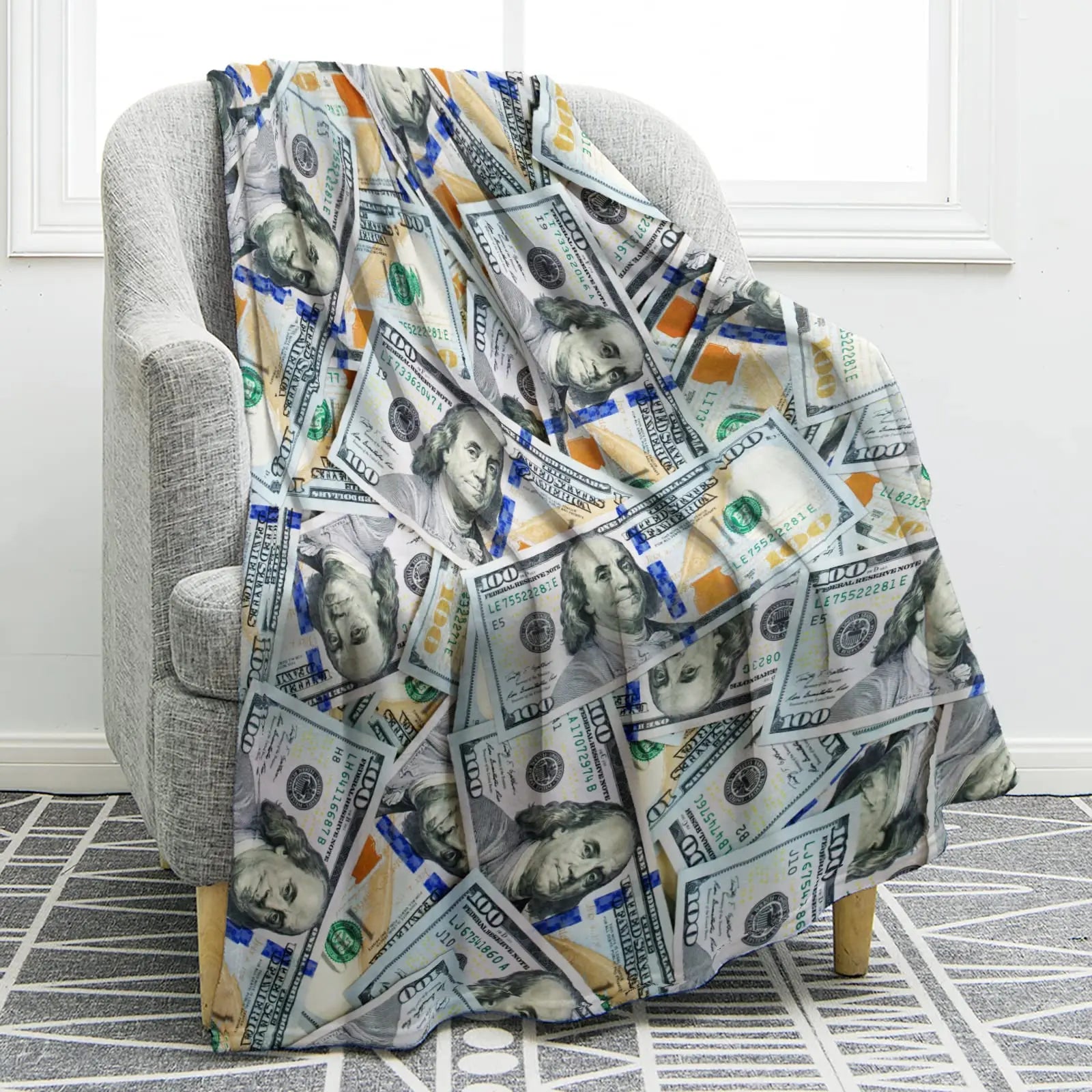 100 Dollar Bill Money Ultra Soft Throw Blanket for Kids Adults Fleece Blanket for Bed and Couch Warm Fuzzy Throw Blanket Cozy