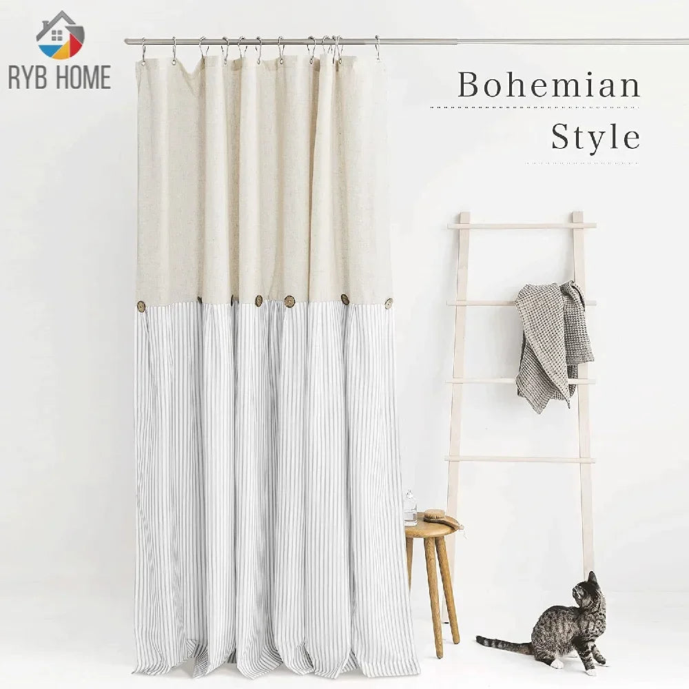 RYB HOME Linen Button Shower Curtain Cotton Woven Fabric Pleated Grey Stripe on Waterproof Country Style Curtins for Bathroom