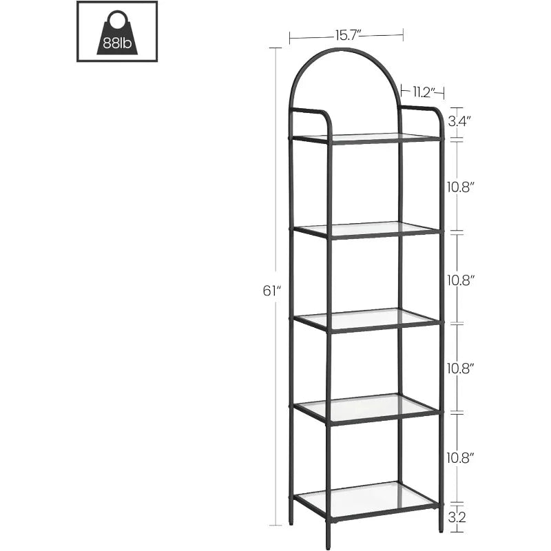 Hzuaneri 5 Tier Bookcase Bookshelf Tempered Glass Bookshelves Slim Shelving Unit for Bedroom Bathroom Home Office Steel Frame