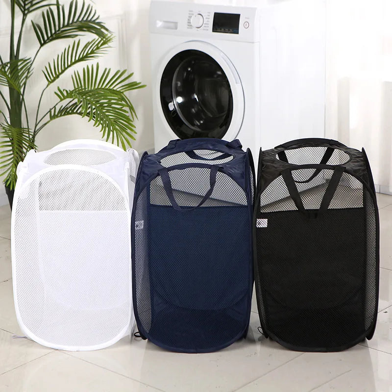 Folding Laundry Basket with Handle Clothes Toy Storage Basket Hollow Mesh Breathable Household Laundry Hamper Sundries Organizer