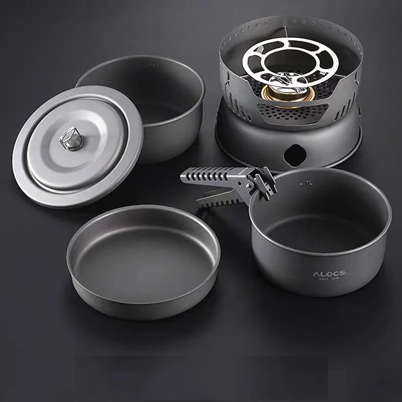 Alocs Outdoor Camping Portable Cooking Set Cookware 2 Person CW-C05 Alcohol Stove Picnic Pot Pan